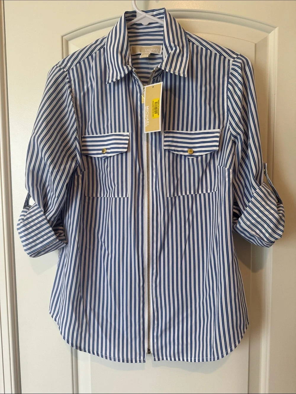 Michael Kors Blue and White Striped Zip-Front Blouse